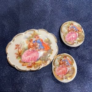 Vintage limoges clip on earrings and pin